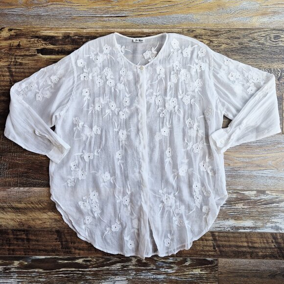 Kiko Comfortable Clothing Embroidered Blouse Sheer White Cotton Button-Front - Picture 6 of 14